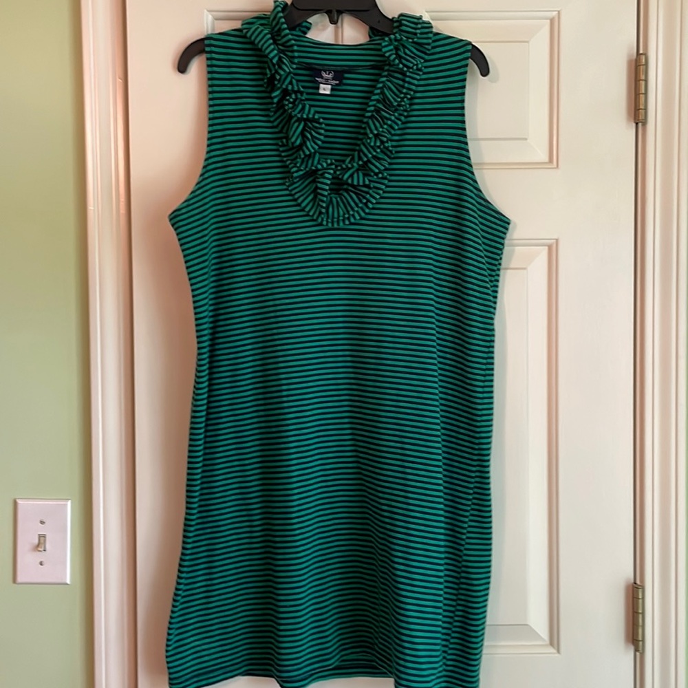 Green-navy stripe knit dress